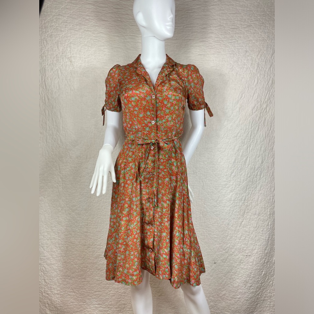 Vintage America Floral Midi Dress in Rust and Green